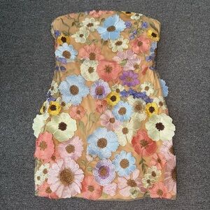 Strapless Floral Embroidered Mini Dress in Tan with Pastel Blooms